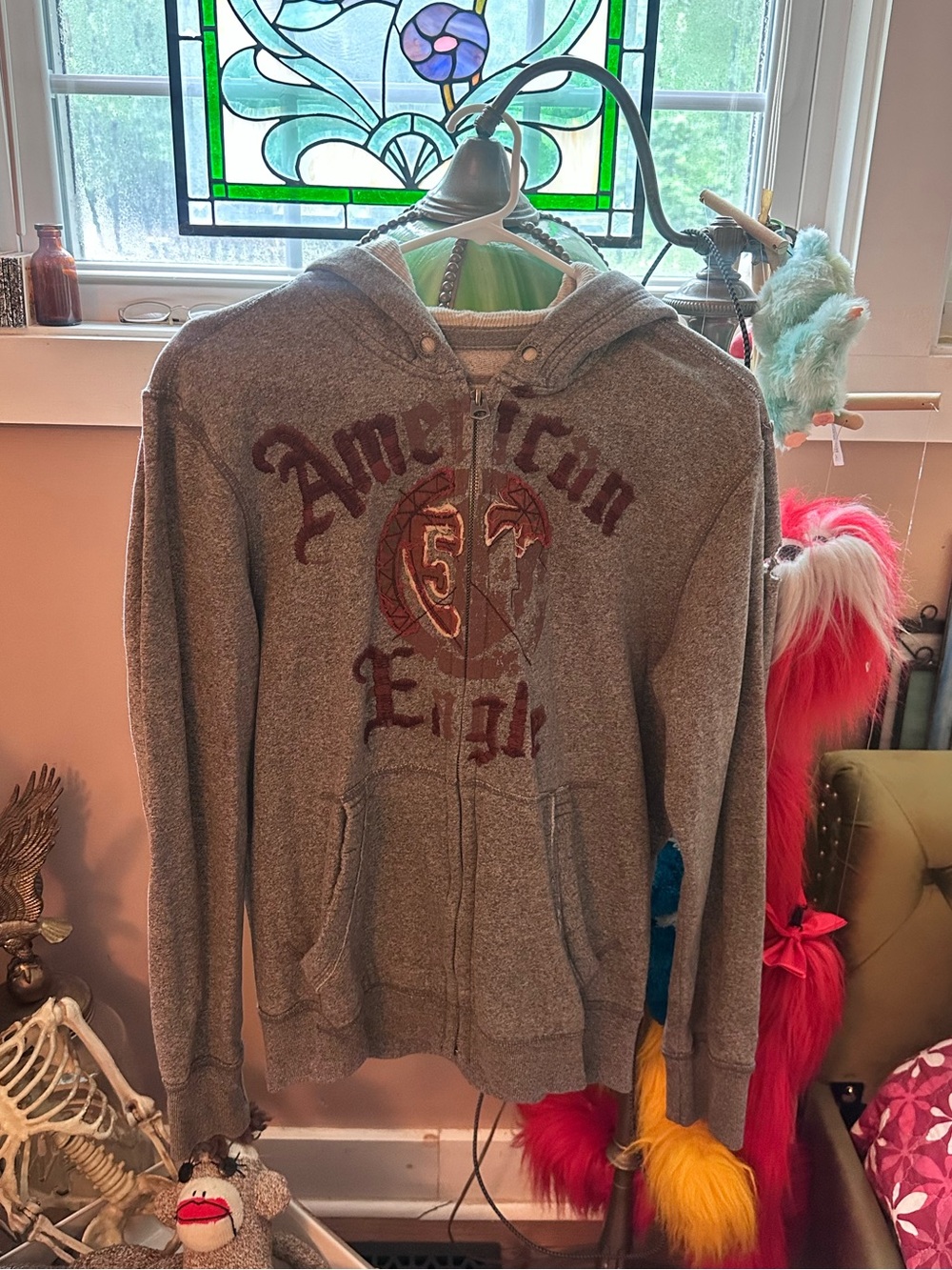 Vintage Y2K American Eagle Outfitters Gray Hoodie with Maroon Accents
